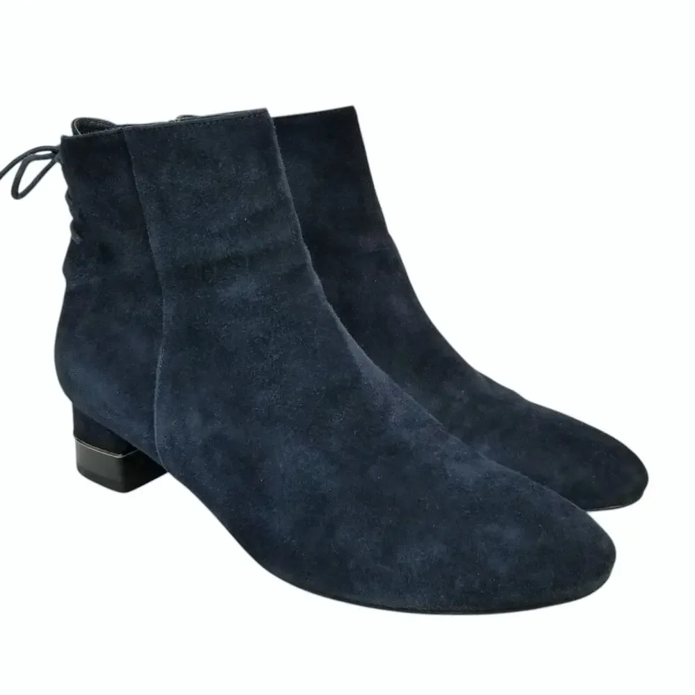 Maud Frizon Women's Navy Blue Velvet Low Block Heel Ankle Boots Size 40